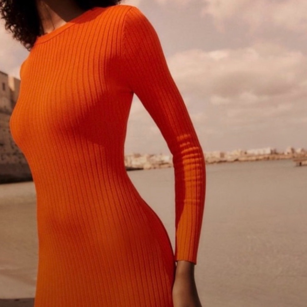 Zara Vibrant Orange Long Sleeve Ribbed Maxi Dress with Open Back Lace Up